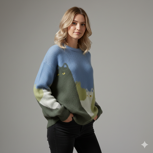 women wearing blue cat graphic sweater
