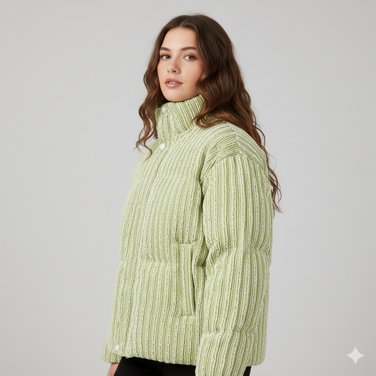 women wearing green_corduroy_coat
