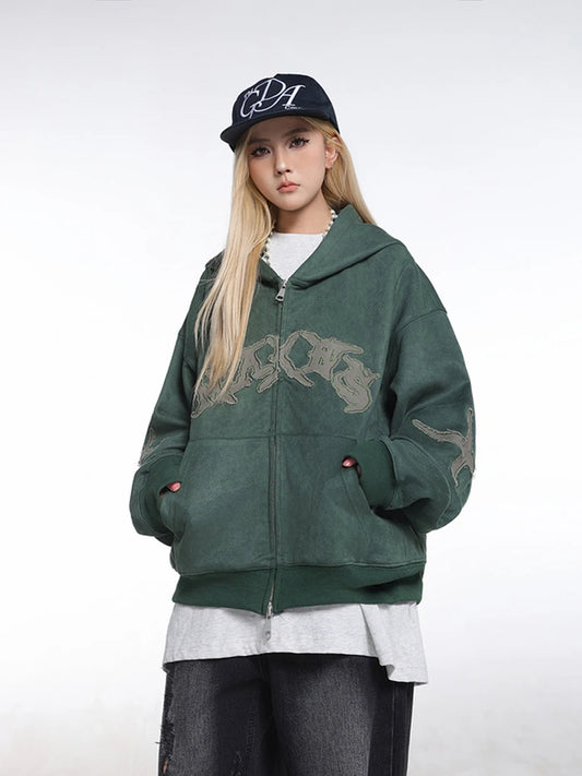women wearing green_vintage_suede_hoodie