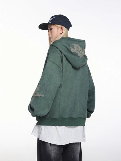 women wearing green_vintage_suede_hoodie 2