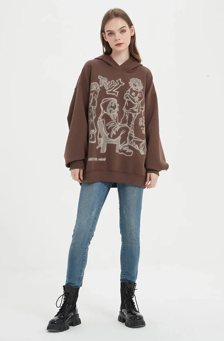 women wear haruja - Cartoon Character Print brown Hoodie