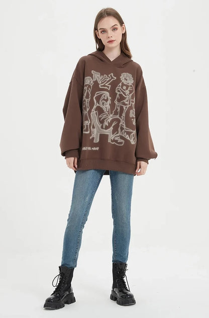women wear haruja - Cartoon Character Print brown Hoodie