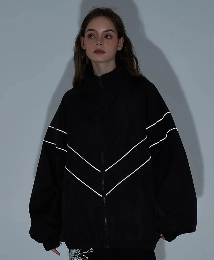 women wearing haruja zipper reflective striped jacket