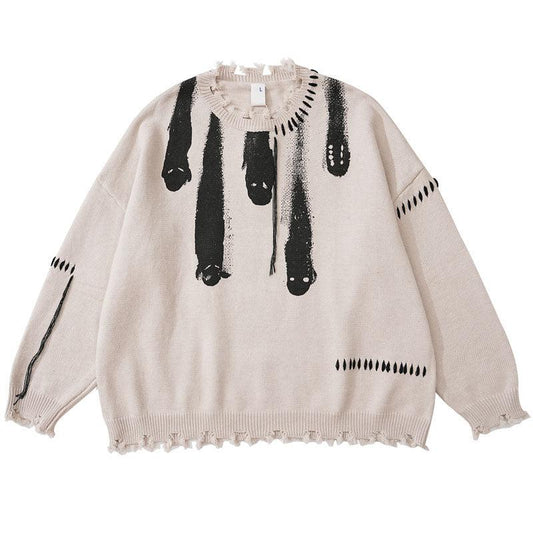 Haruja - white Ripped Ghost Print Sweater