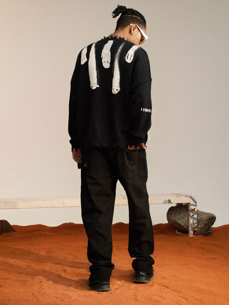 Haruja - black Ripped Ghost Print Sweater
