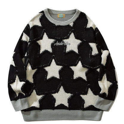 black knit sweater with white stars