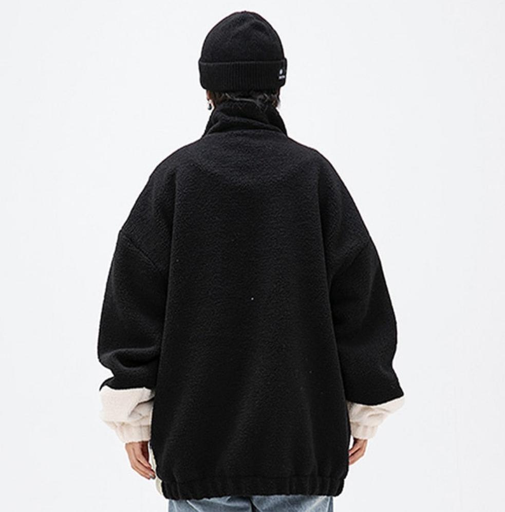 women wear haruja Color Block Zipper Sherpa black and white Coat