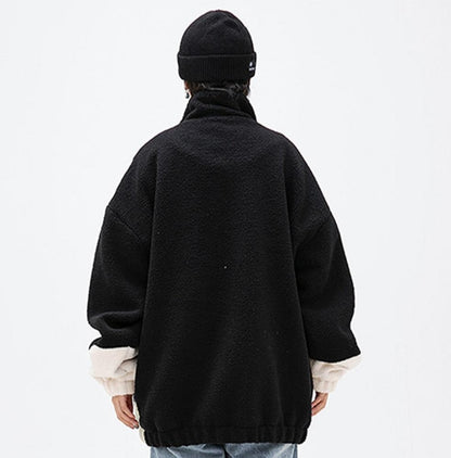 women wear haruja Color Block Zipper Sherpa black and white Coat