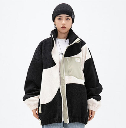women wear haruja Color Block Zipper Sherpa black and white Coat