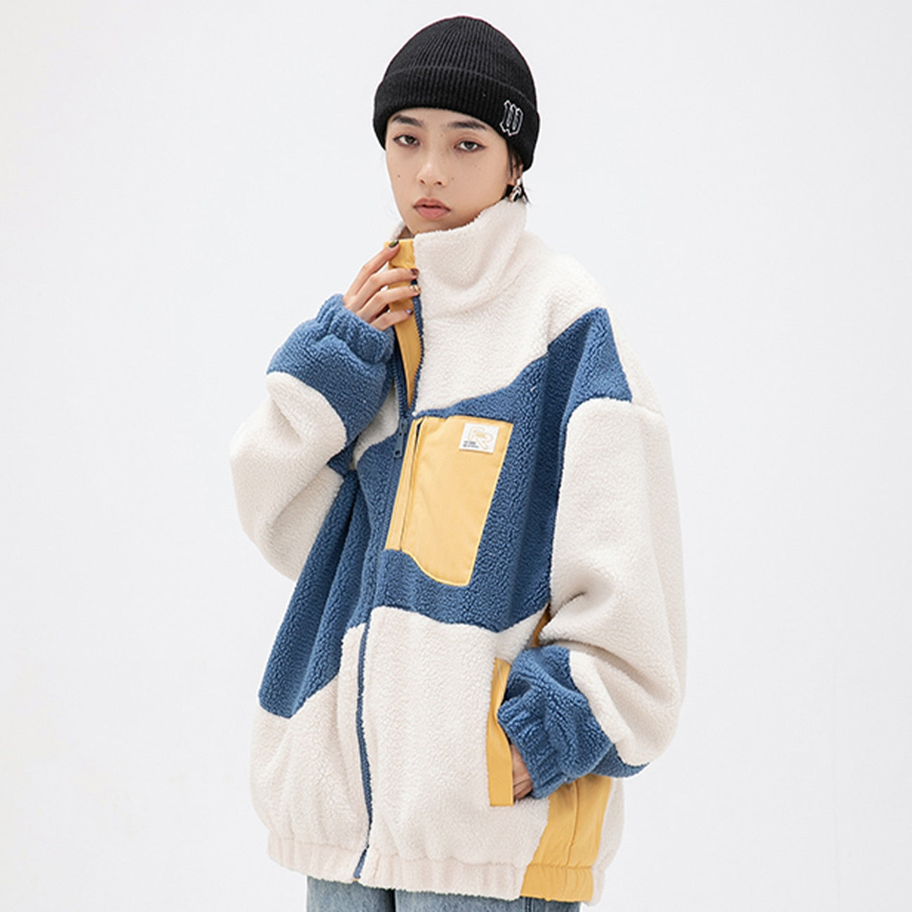 women wear haruja Color Block Zipper Sherpa blue and white Coat