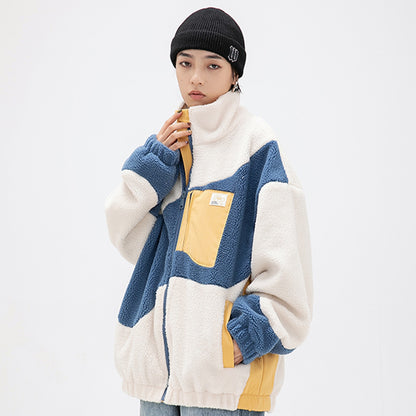 women wear haruja Color Block Zipper Sherpa blue and white Coat